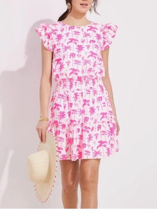 Vineyard Vines Dresses & Skirts - Vineyard Vines Pink & White Palm-Print Ruffle-Sleeve Mini Dress